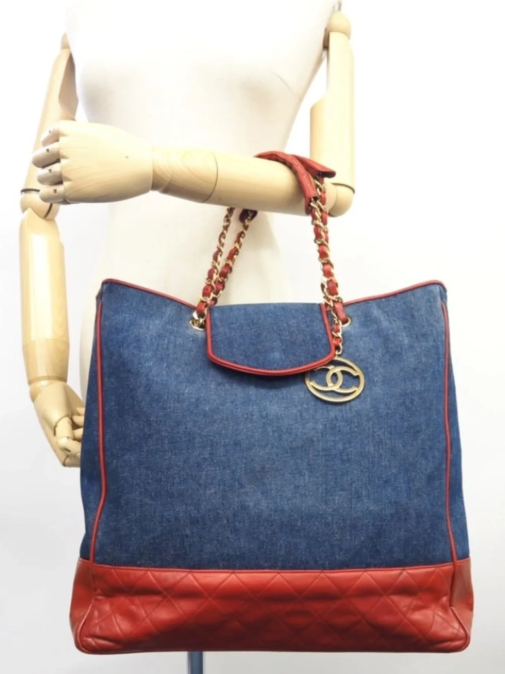 Authentic CHANEL denim red leather 1990s Jeans charm tote - Picture 8 of 14